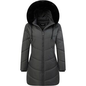 Women's Winter Warm Hood Down Coat Puffer Jacket Gray Windproof Detachable